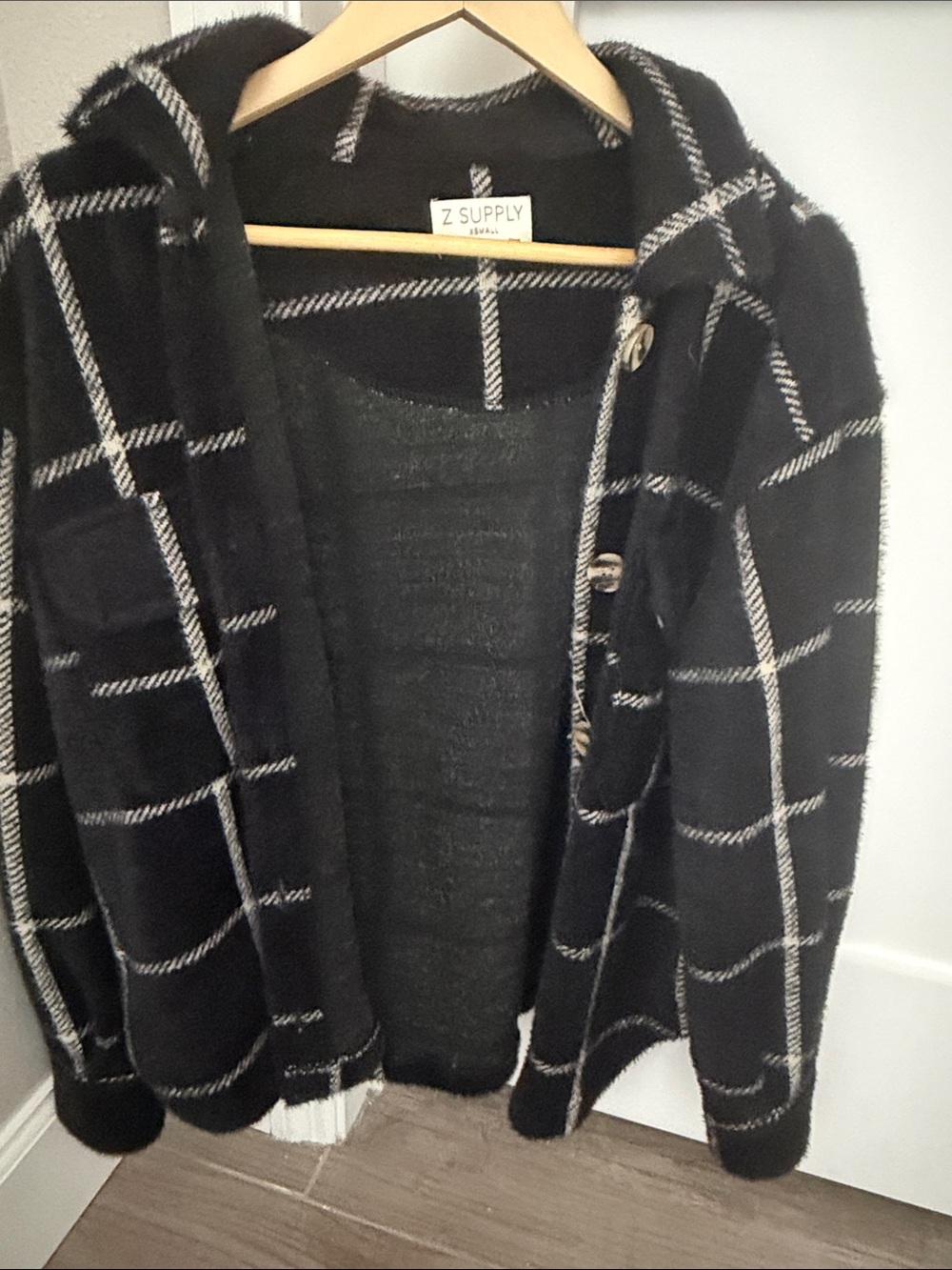 Z Supply Men's Black Windowpane Hooded Cardigan with White Grid